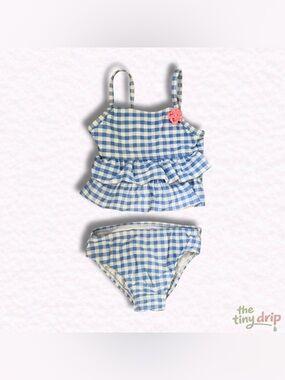George Blue & White Gingham Ruffle Baby Tankini with Pink Flower (Size 12-18m)
